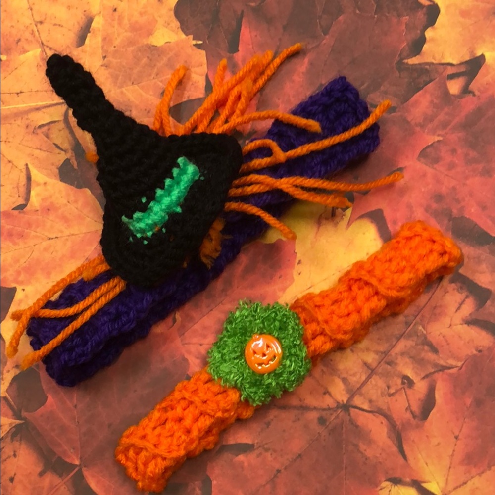 Set of 2 baby headbands handmade pumpkin & witch
